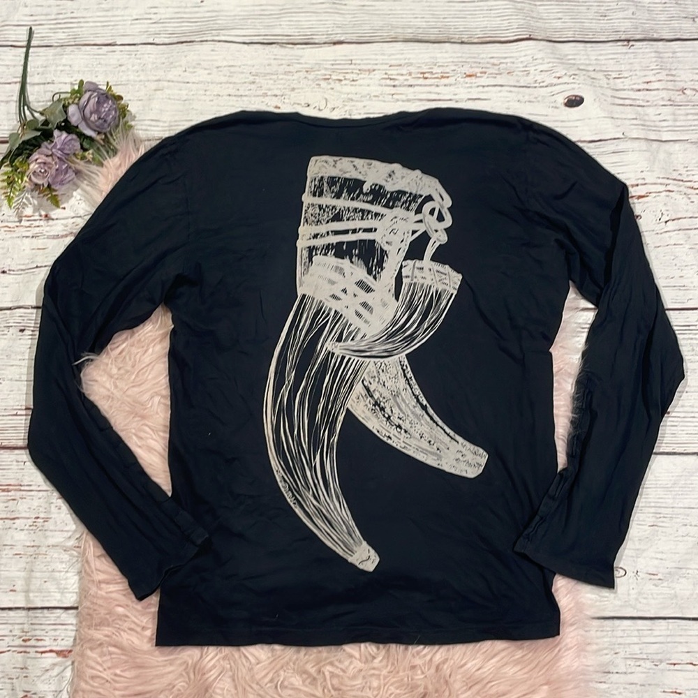 Lauren Moshi Western Horn Buffalo Black Henley Oversized Top